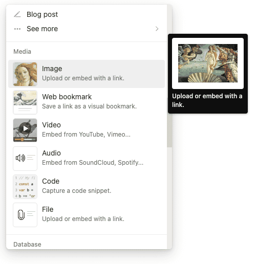 Bringing up the Image embed menu in Notion